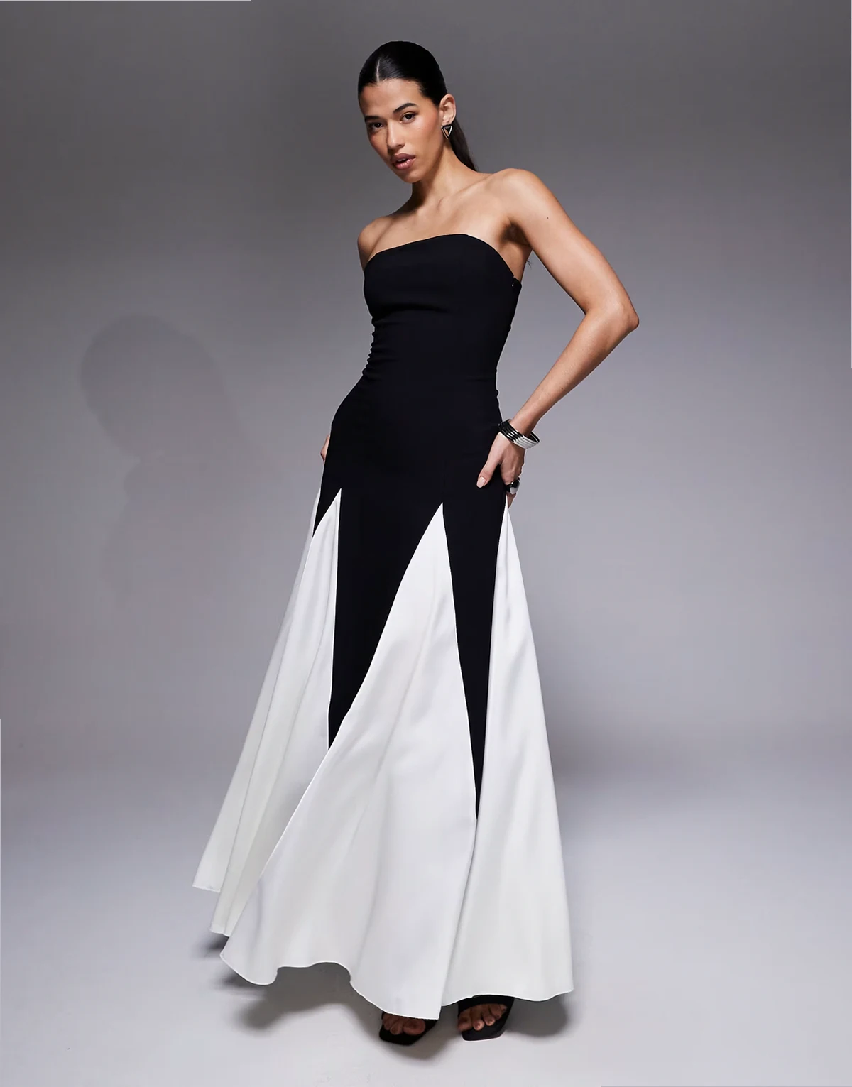 exclusive bandeau contrast godet maxi dress in mono