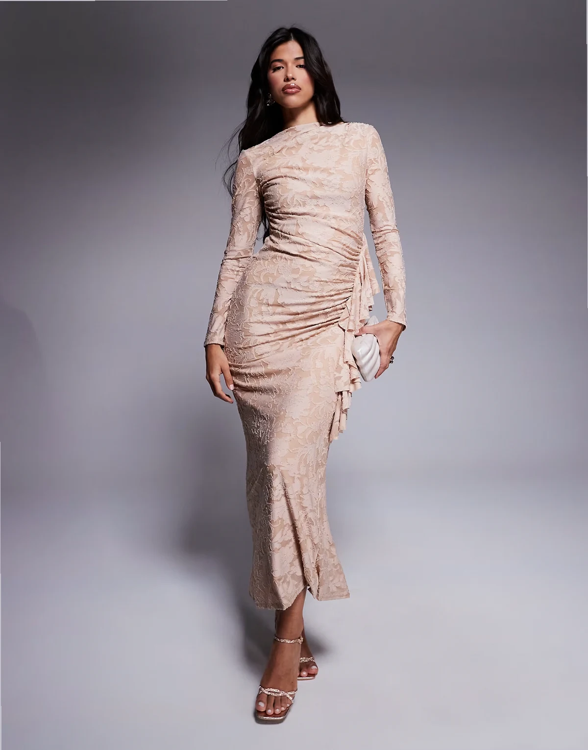 ruched floral velvet dress in stone