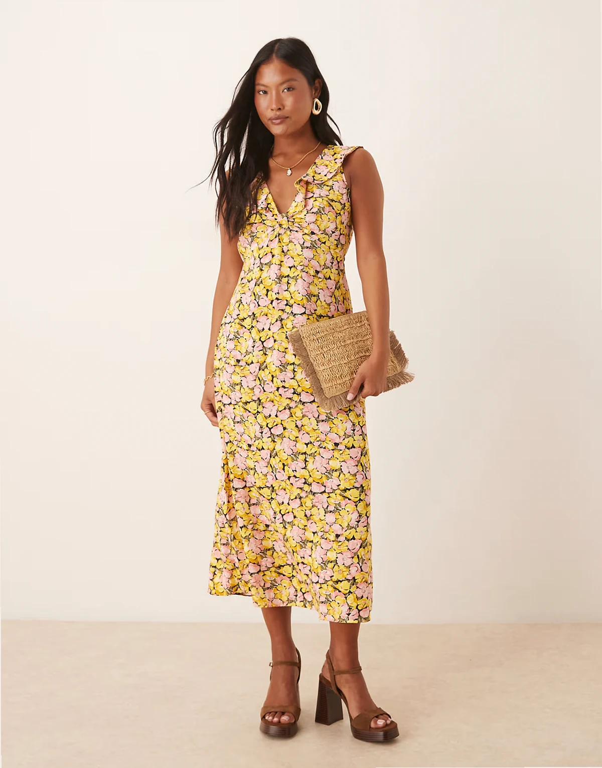 Nobody's Child Petite Beck ruffle shoulders midi dress in yellow and pink floral