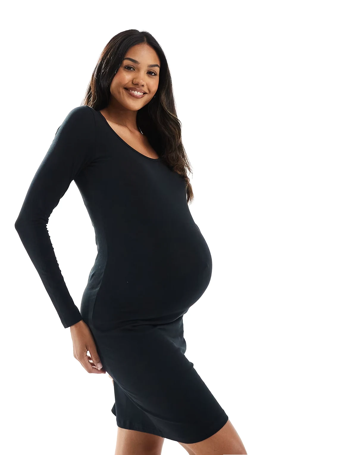 Mamalicious Maternity – Langärmliges Jersey-Minikleid in Schwarz, Umstandsmode