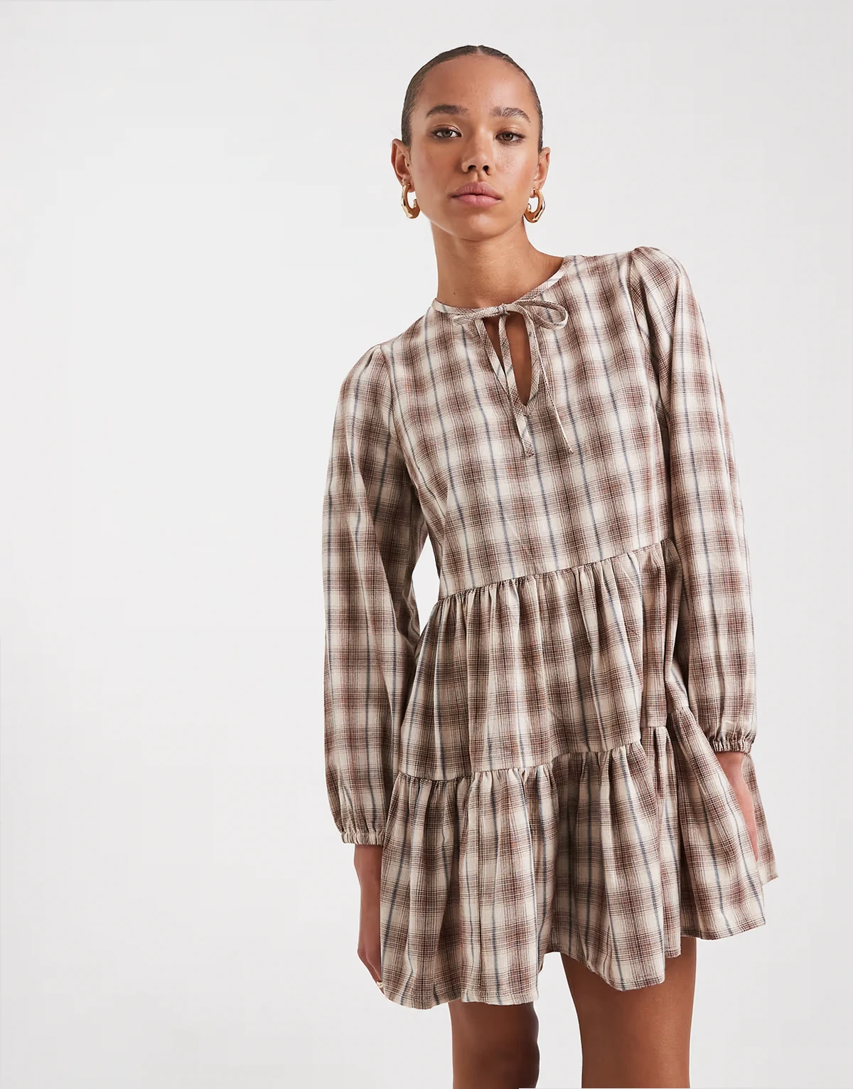 tie-detail plaid mini smock dress in beige