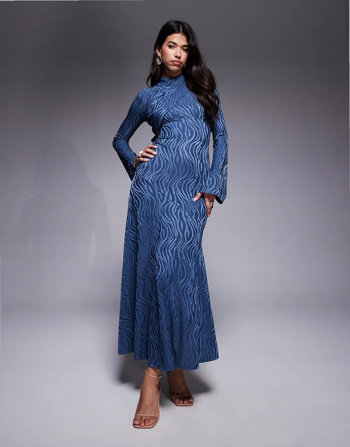 high neck maxi dress in denim