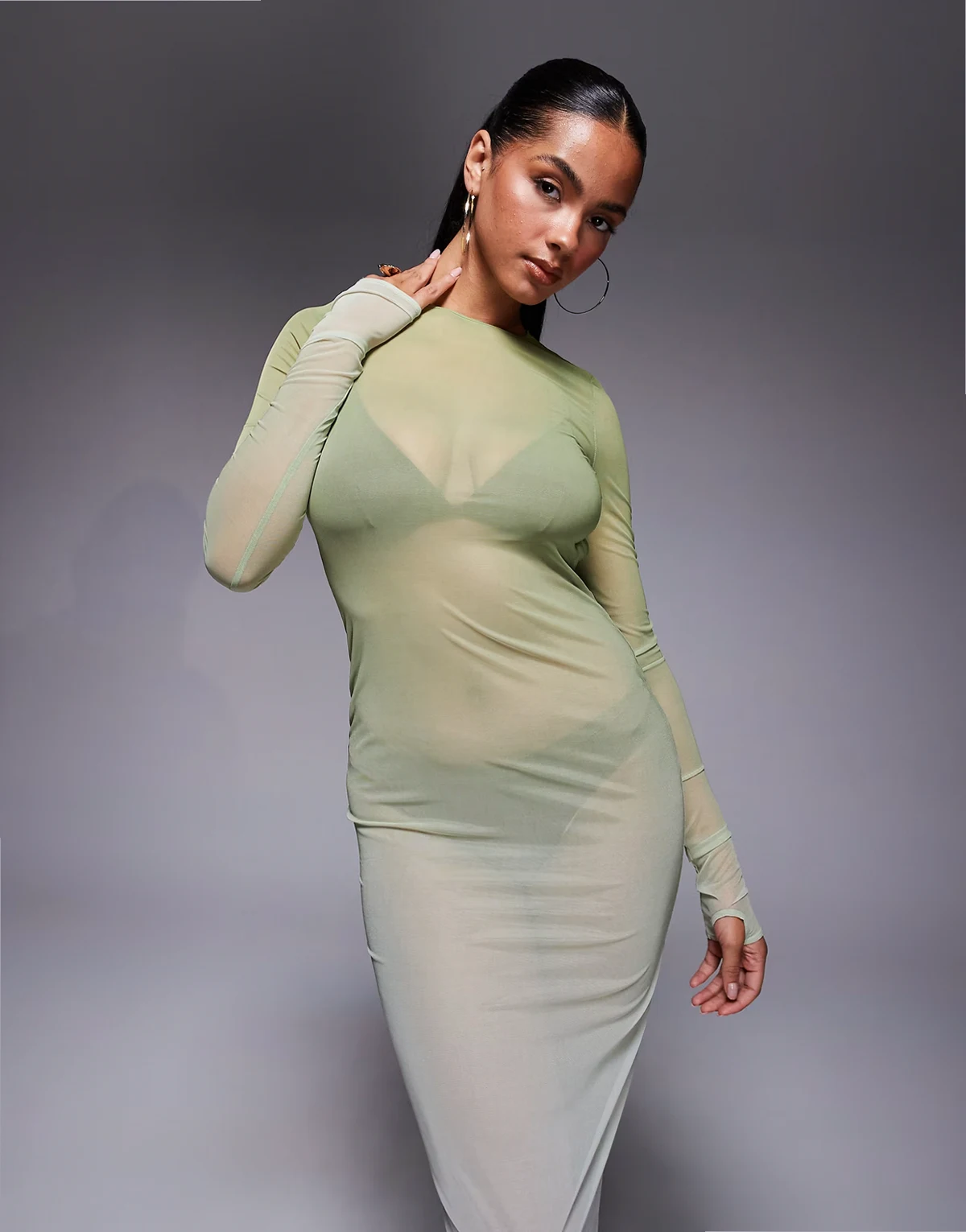 – Maxi-Strandkleid aus Netzstoff in Olivgrün