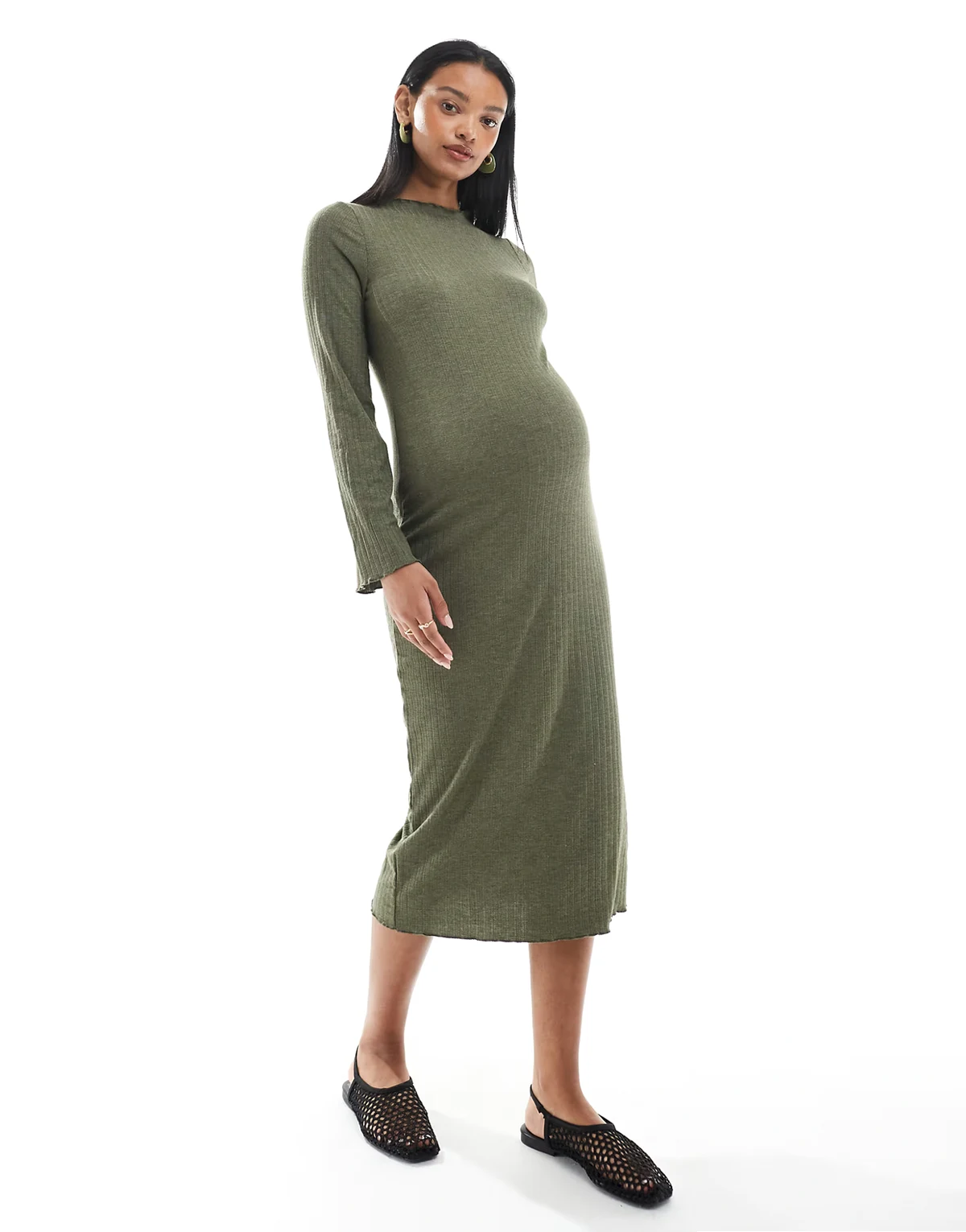 Mamalicious Maternity – Geripptes Midikleid in Khaki mit Kräuselsaum