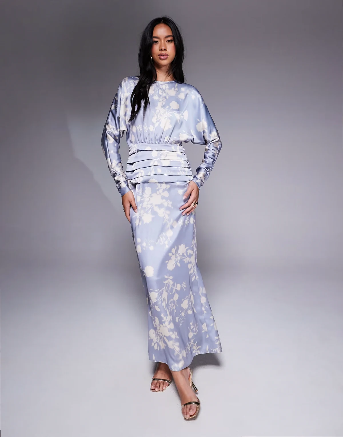 satin batwing maxi dress in soft blue floral print
