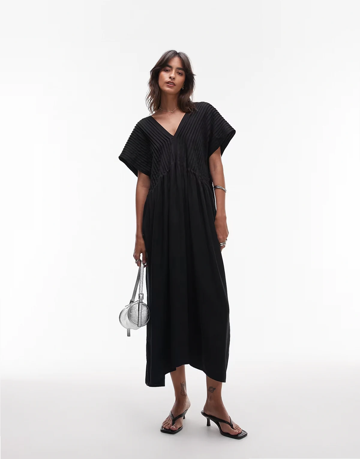 midaxi dress with pintuck bodice in black