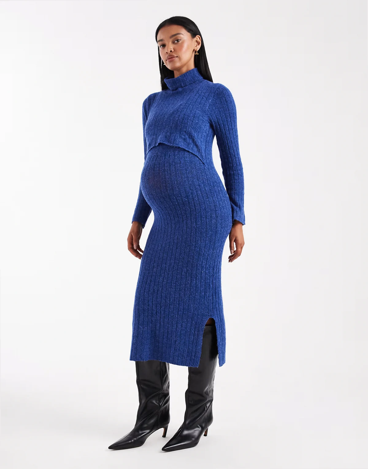 Mamalicious Maternity – Weiches, geripptes Midikleid aus Strick in blau meliert mit Stillfunktion, Umstandsmode