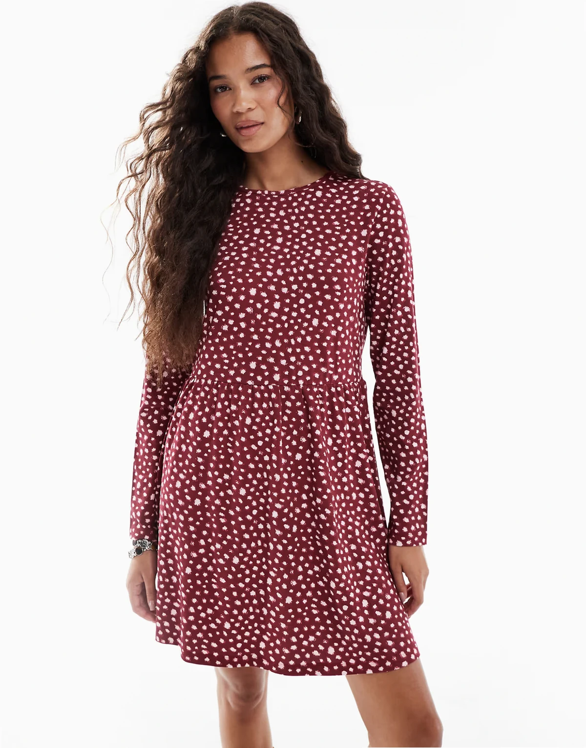 long sleeve smudge polka dots mini dress in burgundy pink
