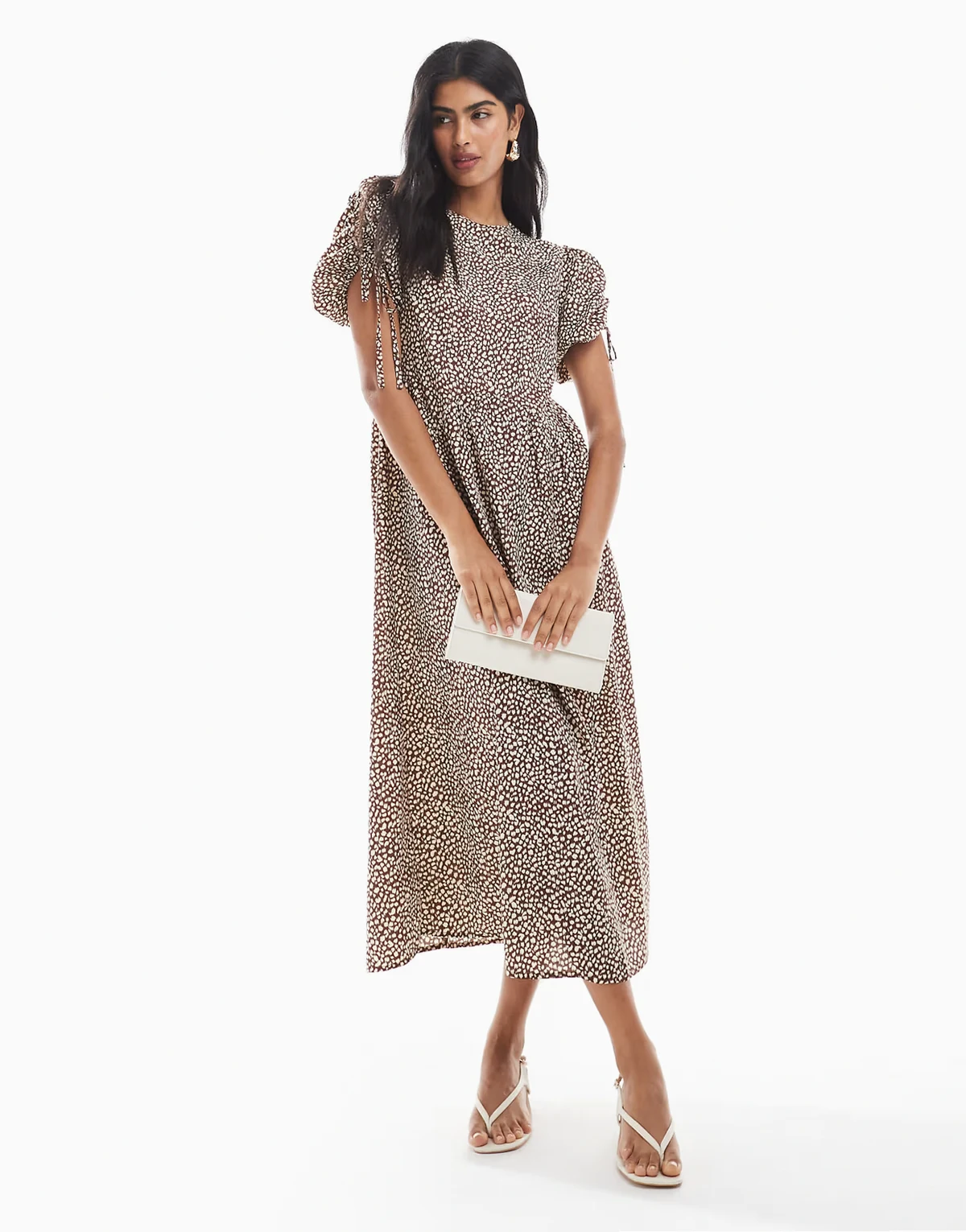 leopard print tie-shoulder midaxi dress in brown
