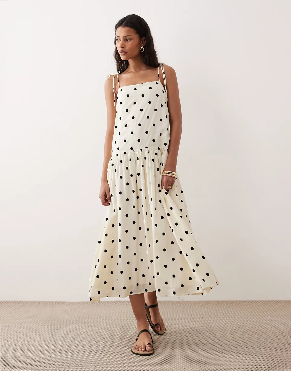 Imani dropped waist maxi dress in black polka dots