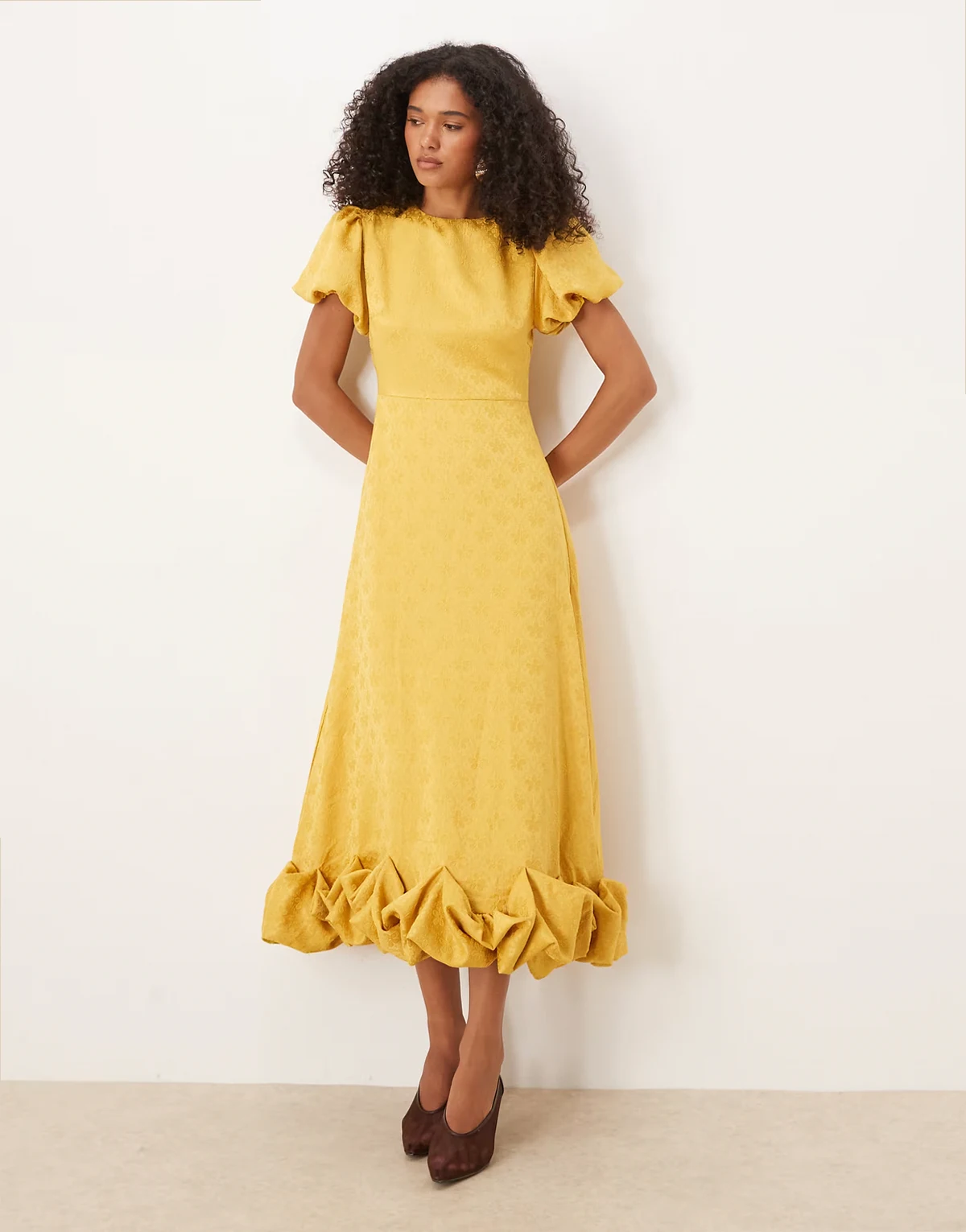 puff sleeve bubble hem maxi dress in spicy mustard