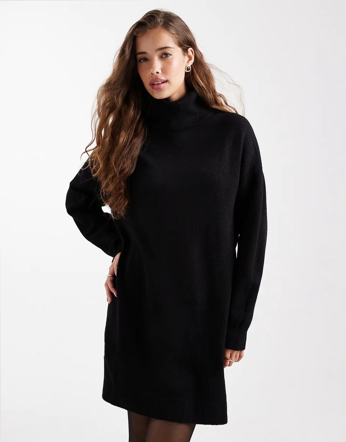 Teen knit mini dress with turtleneck in black