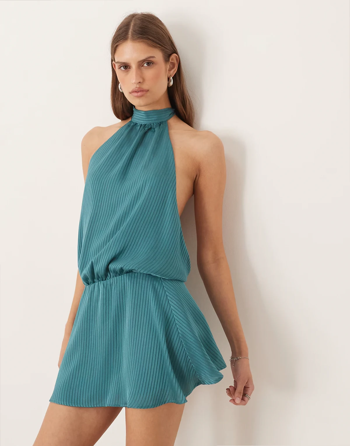 Davina high neck mini dress in striped satin teal