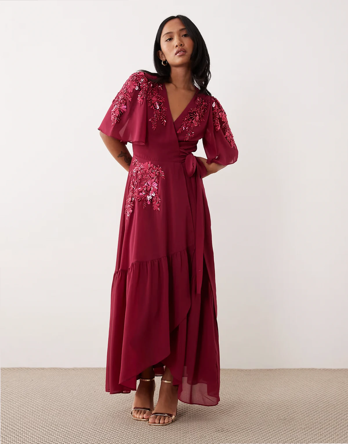 embellished wrap front maxi dress in fuchsia