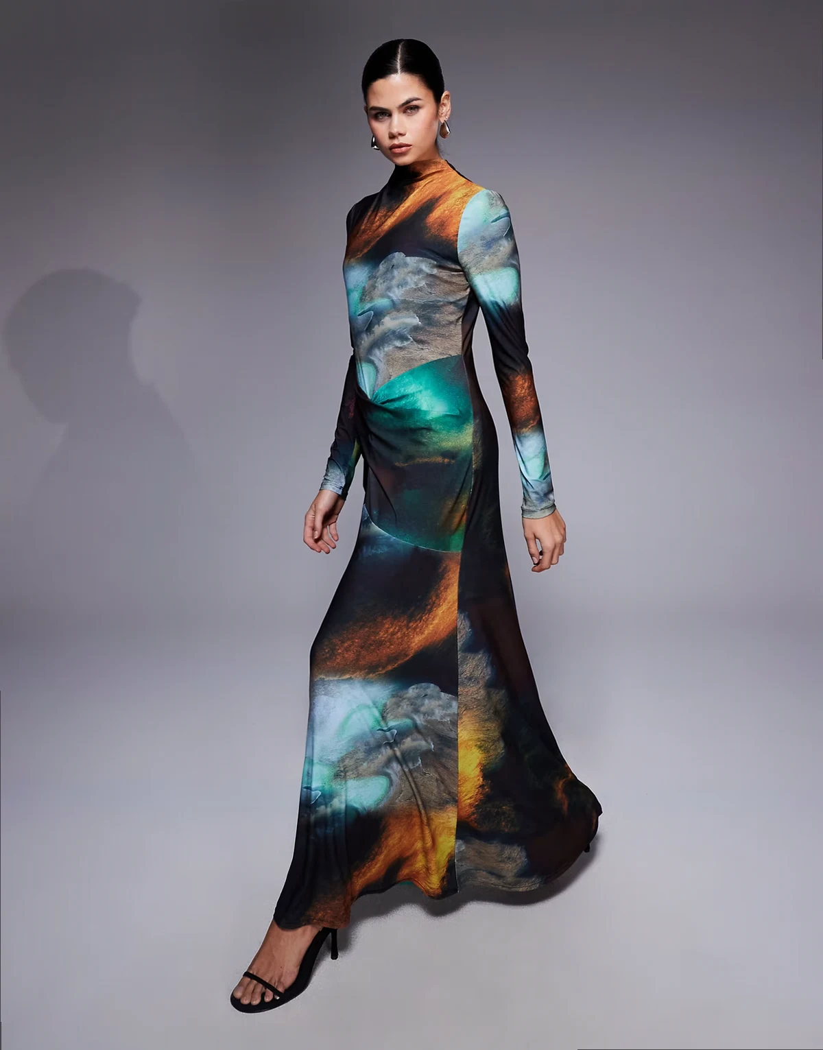 high neck twist drape detail maxi dress in abstract print