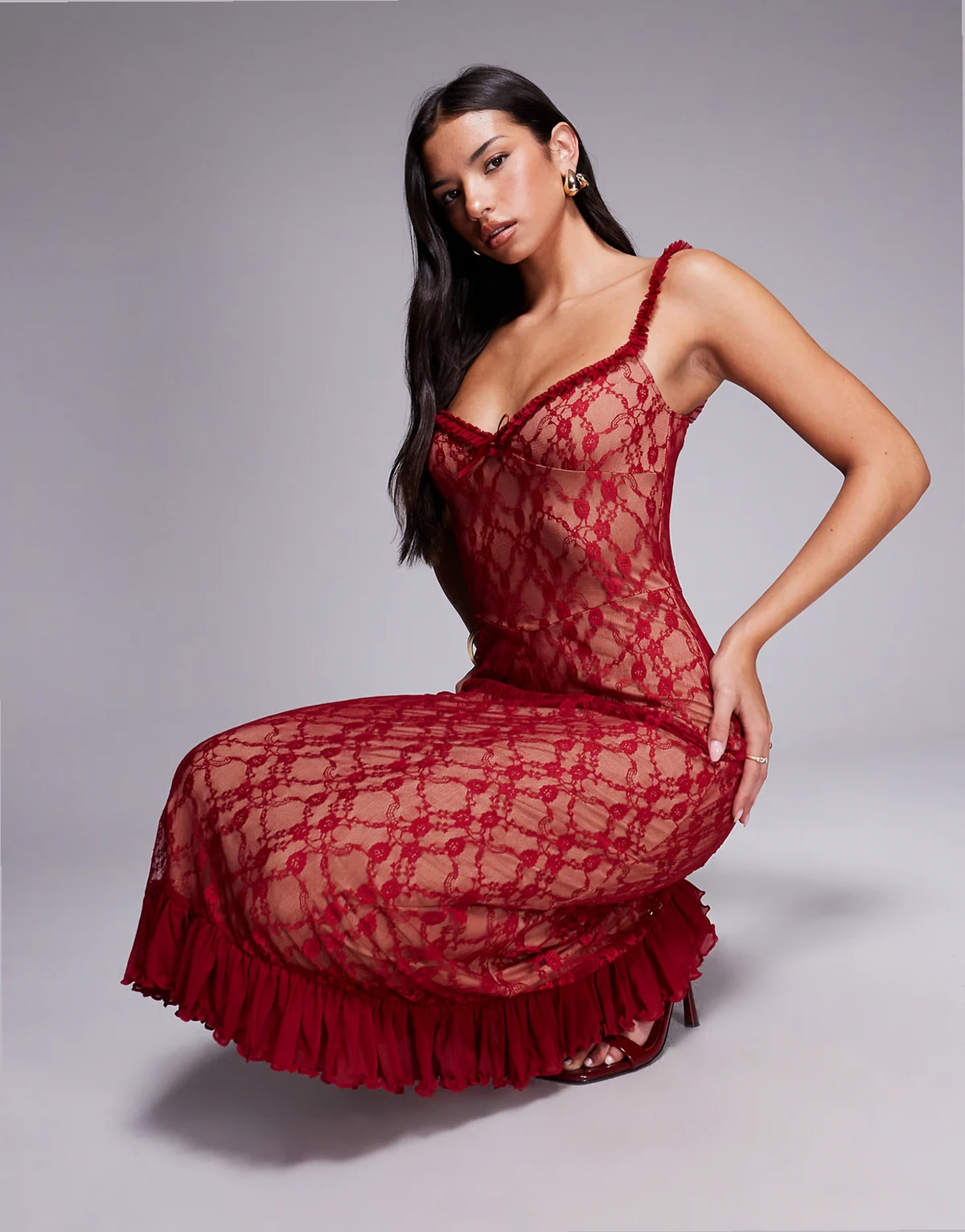 Deja 90s lace ruffle trim bow detail midi dress in red