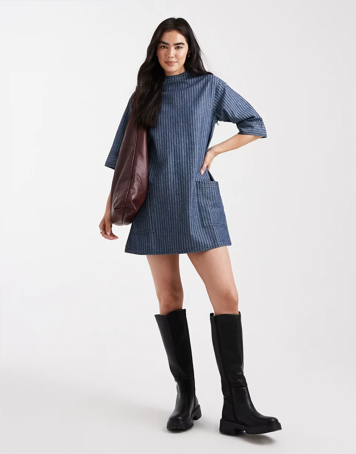 denim striped collared dress in blue