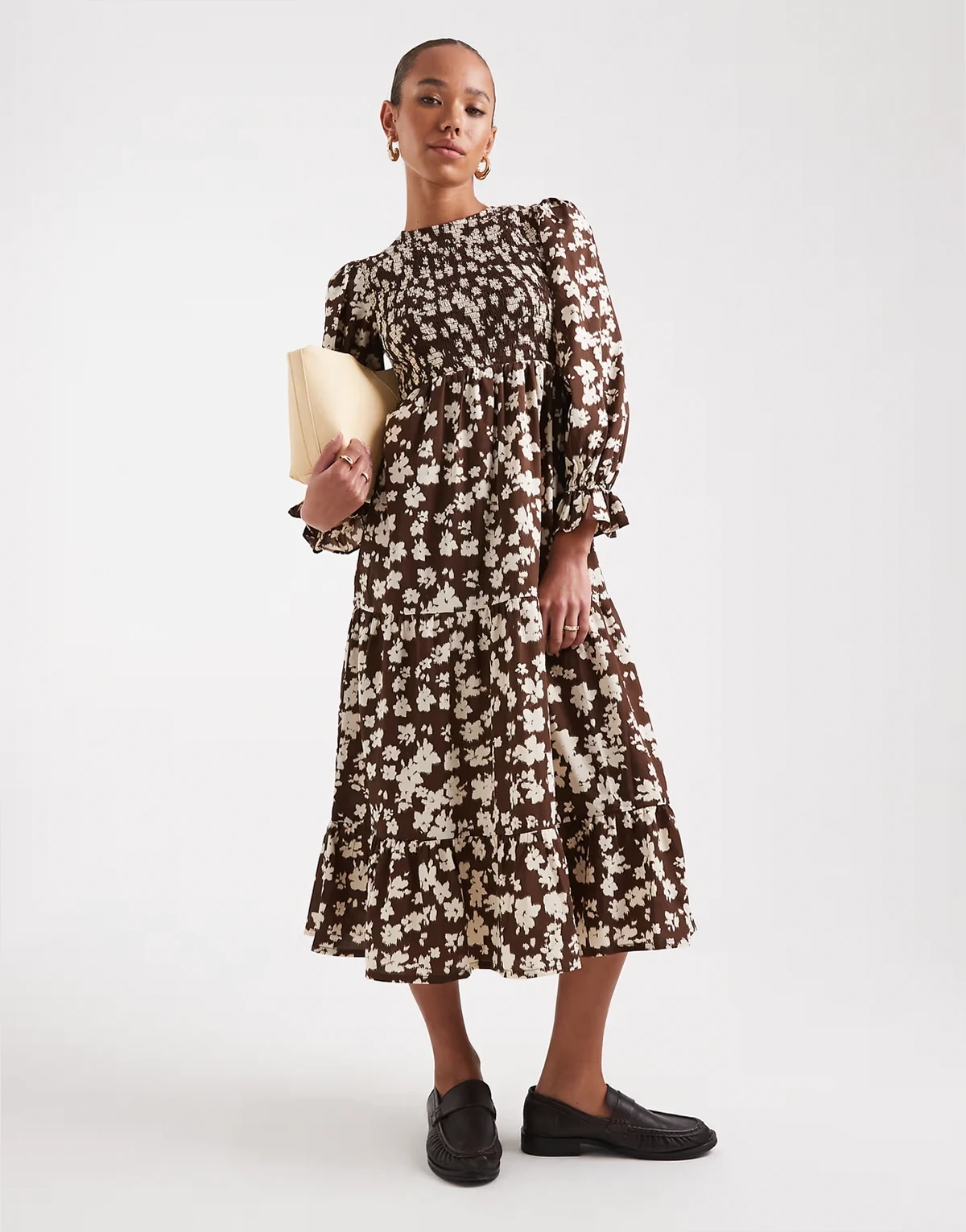 ditsy floral shirred detail midaxi smock dress in brown