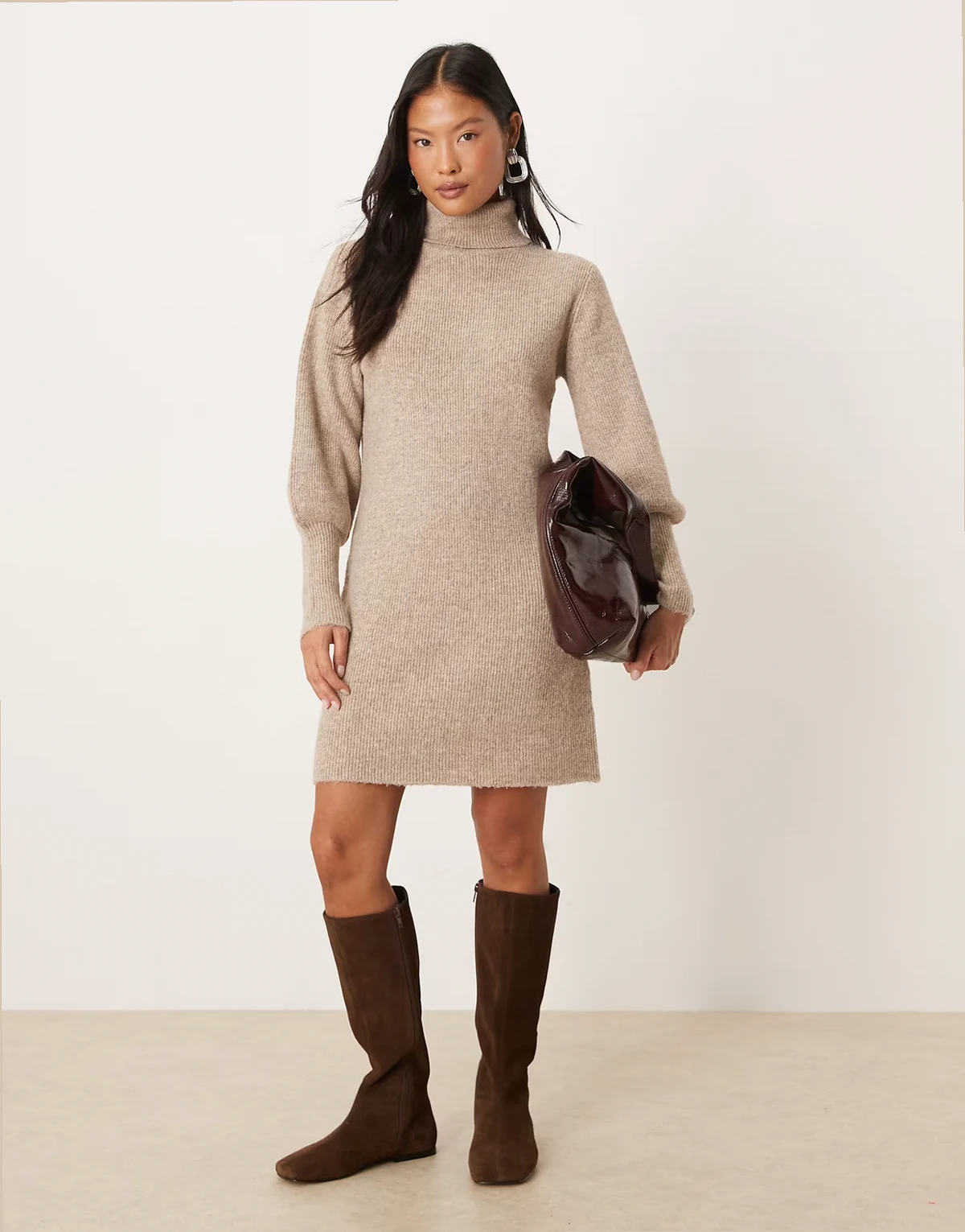 balloon sleeve knit mini dress in heathered natural