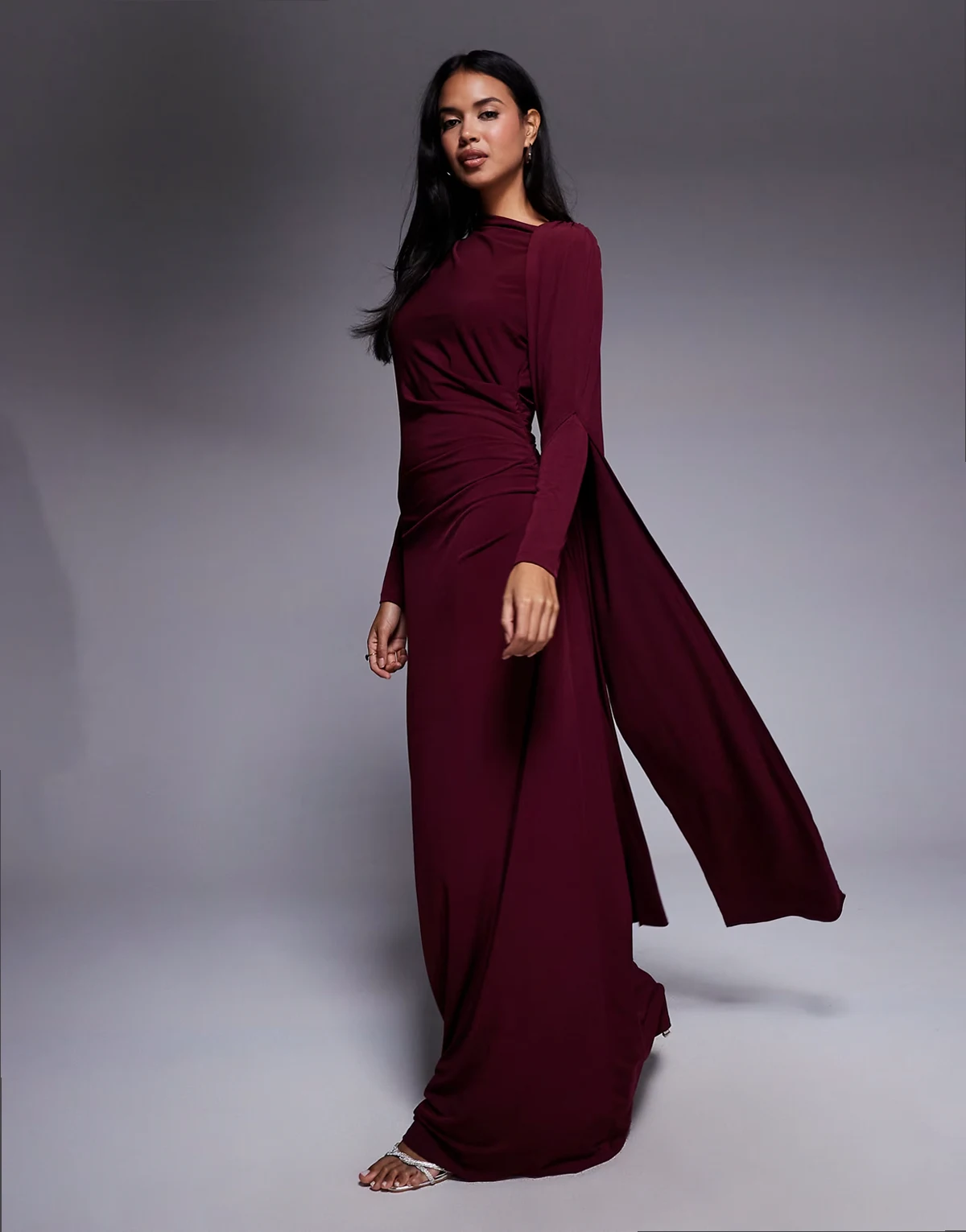 one shoulder cape maxi dress in wine