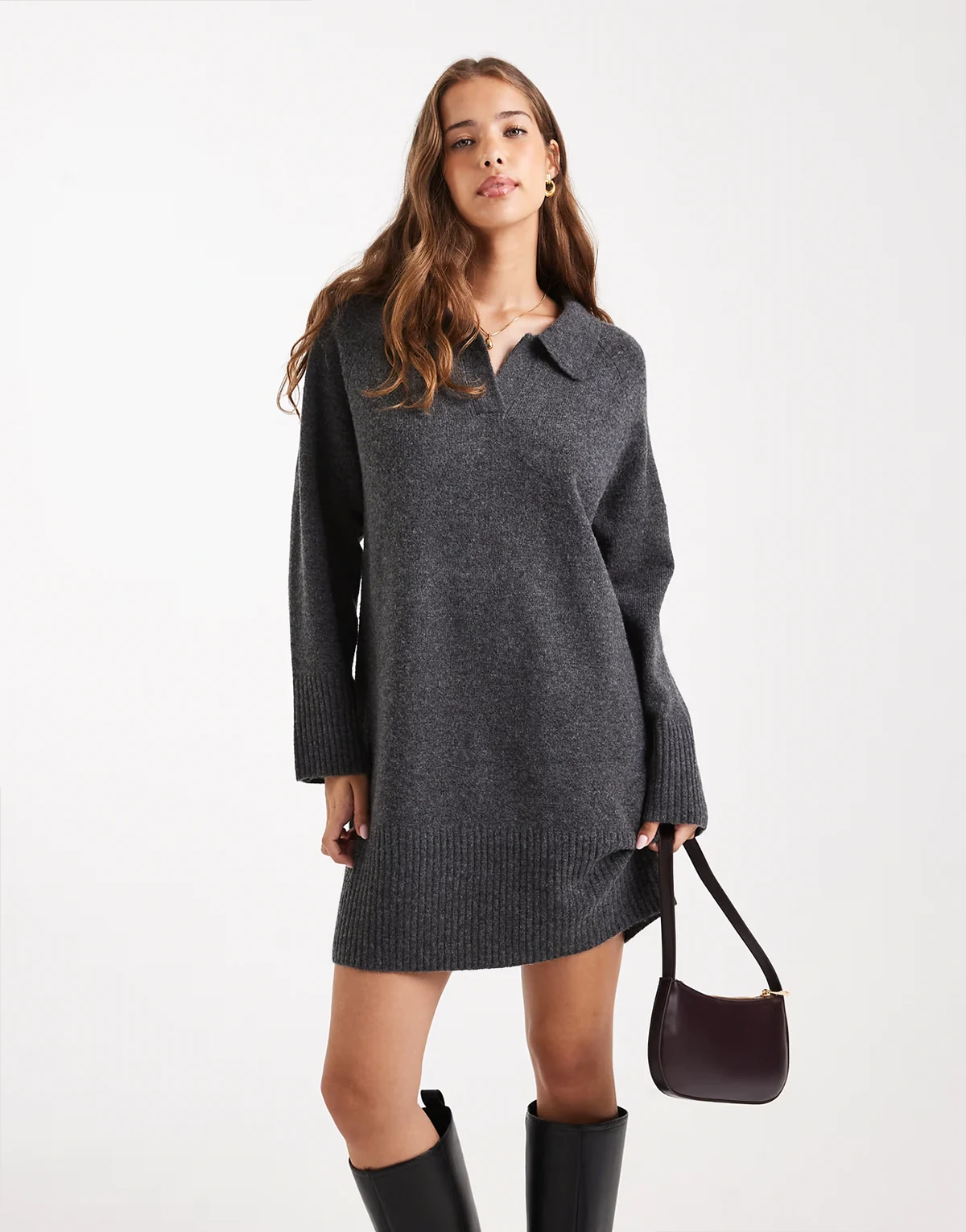– Mini-Strickkleid in Grau mit Polokragen