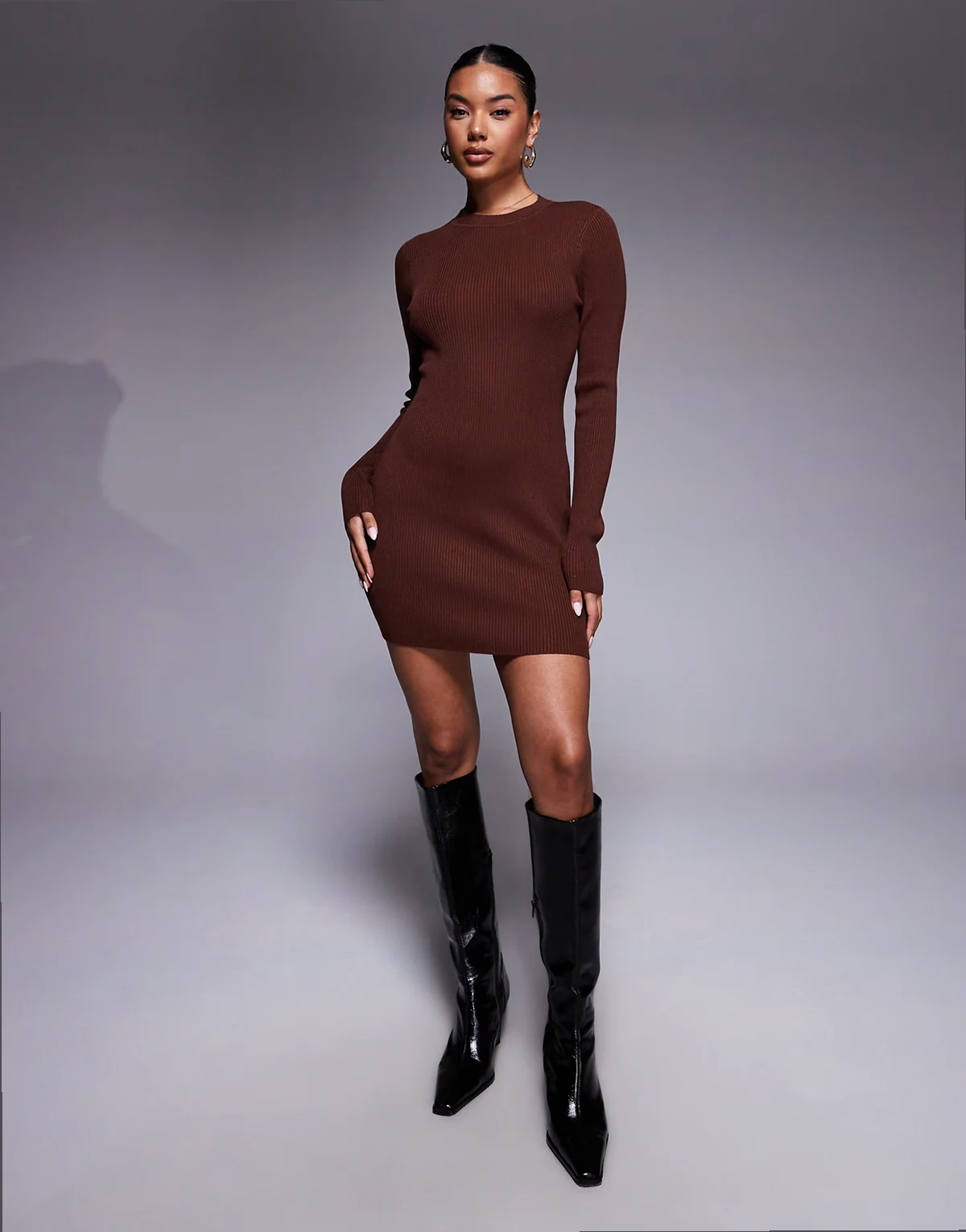 exclusive ribbed knit flared sleeve mini sweater dress in chocolate
