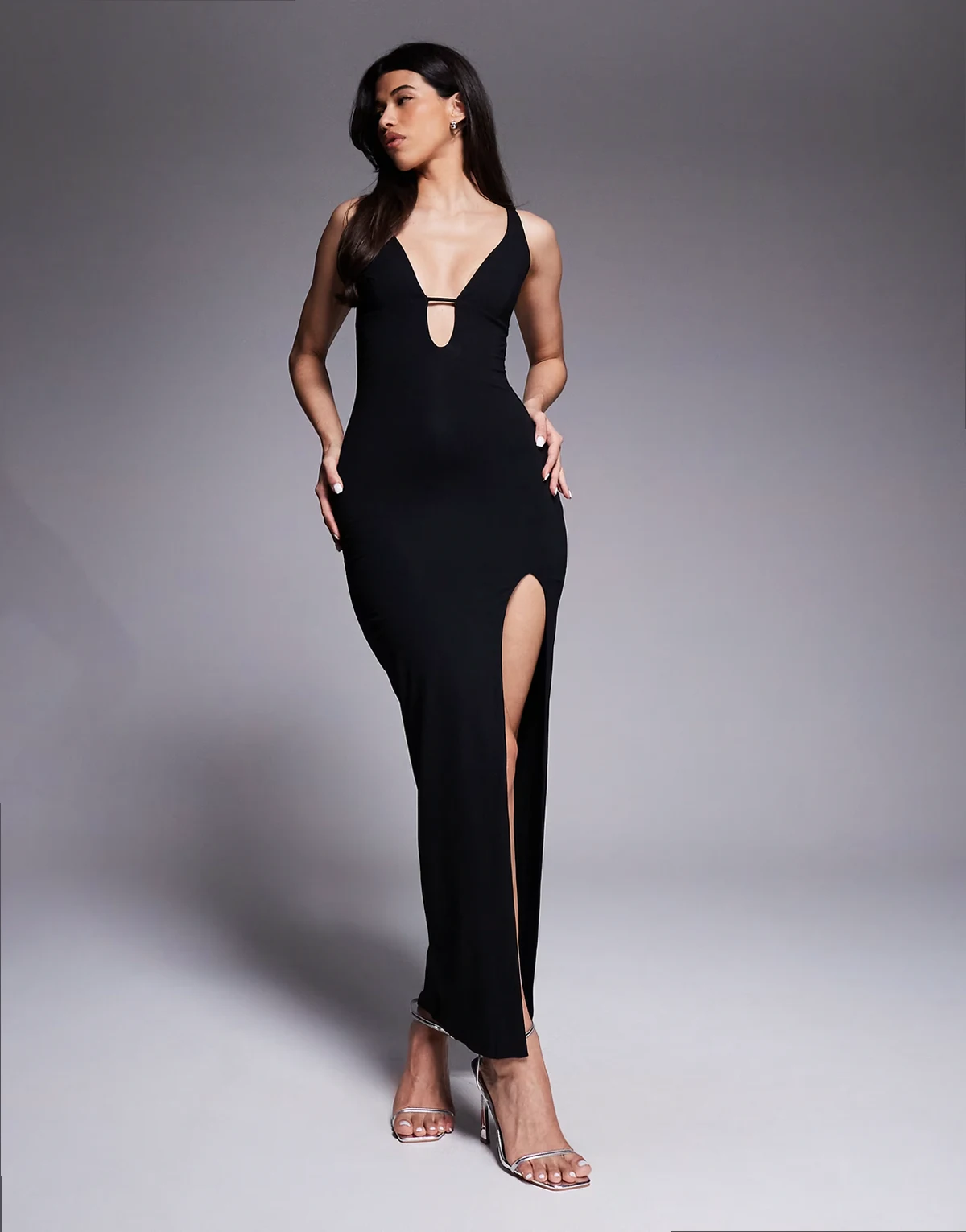 Zora plunge maxi dress with split in black