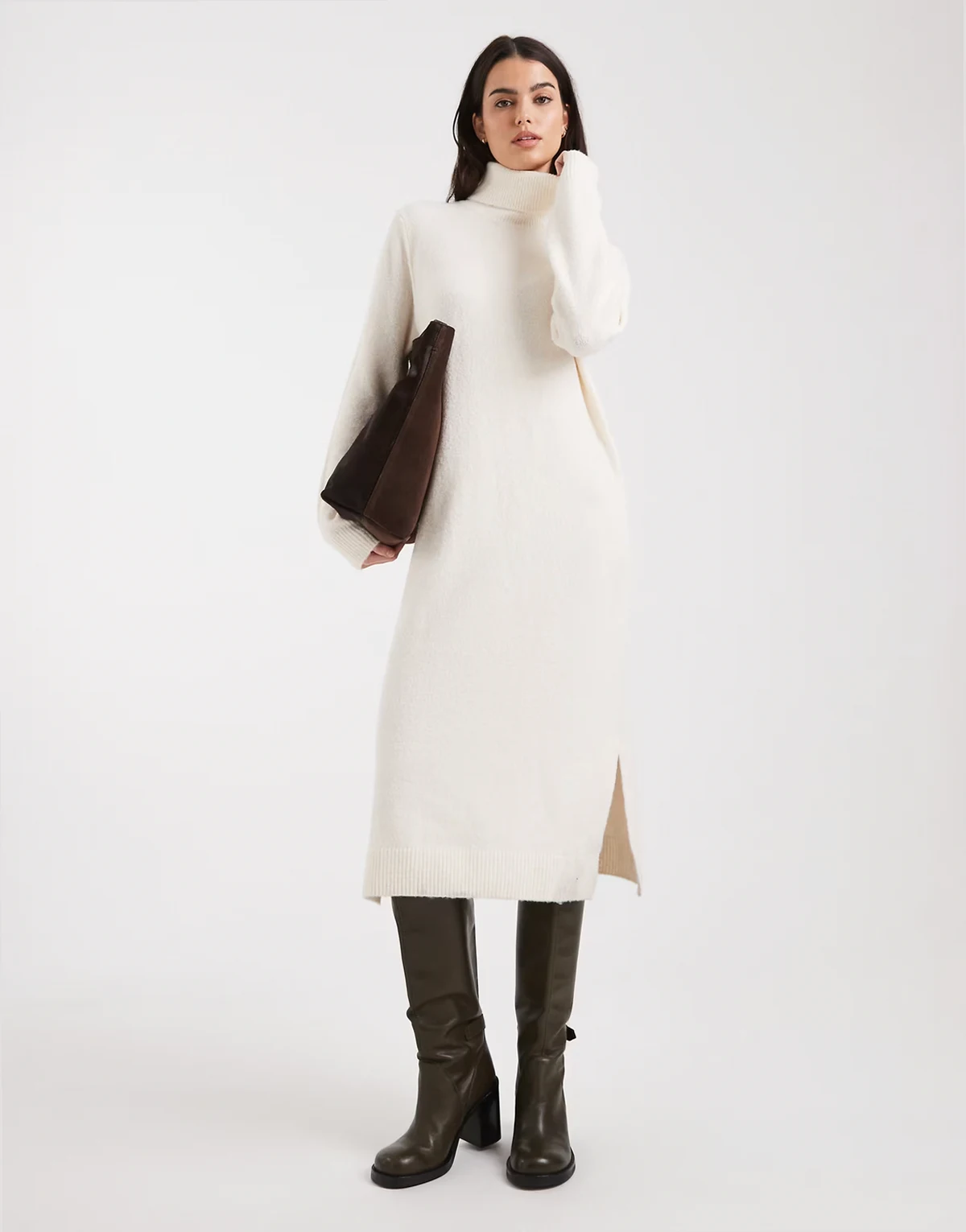 – Midi-Strickkleid in meliertem Cremeweiß mit Rollkragen