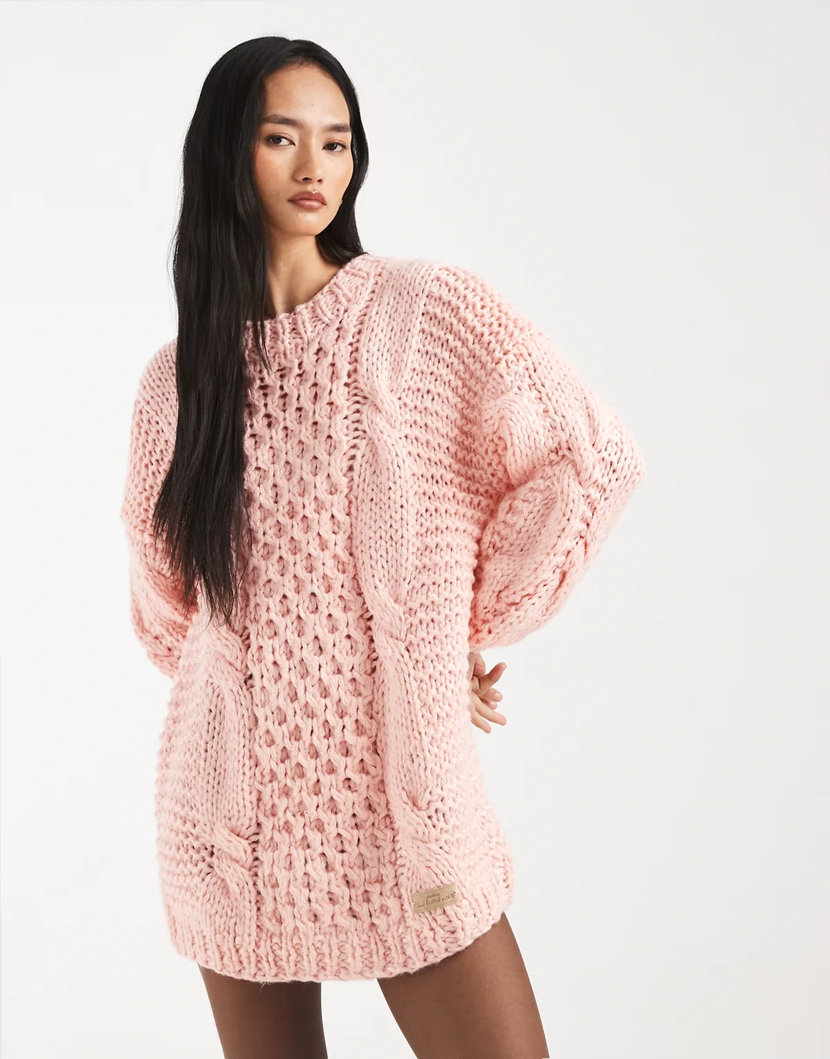 Orla cable hand knit oversized mini sweater dress in pink