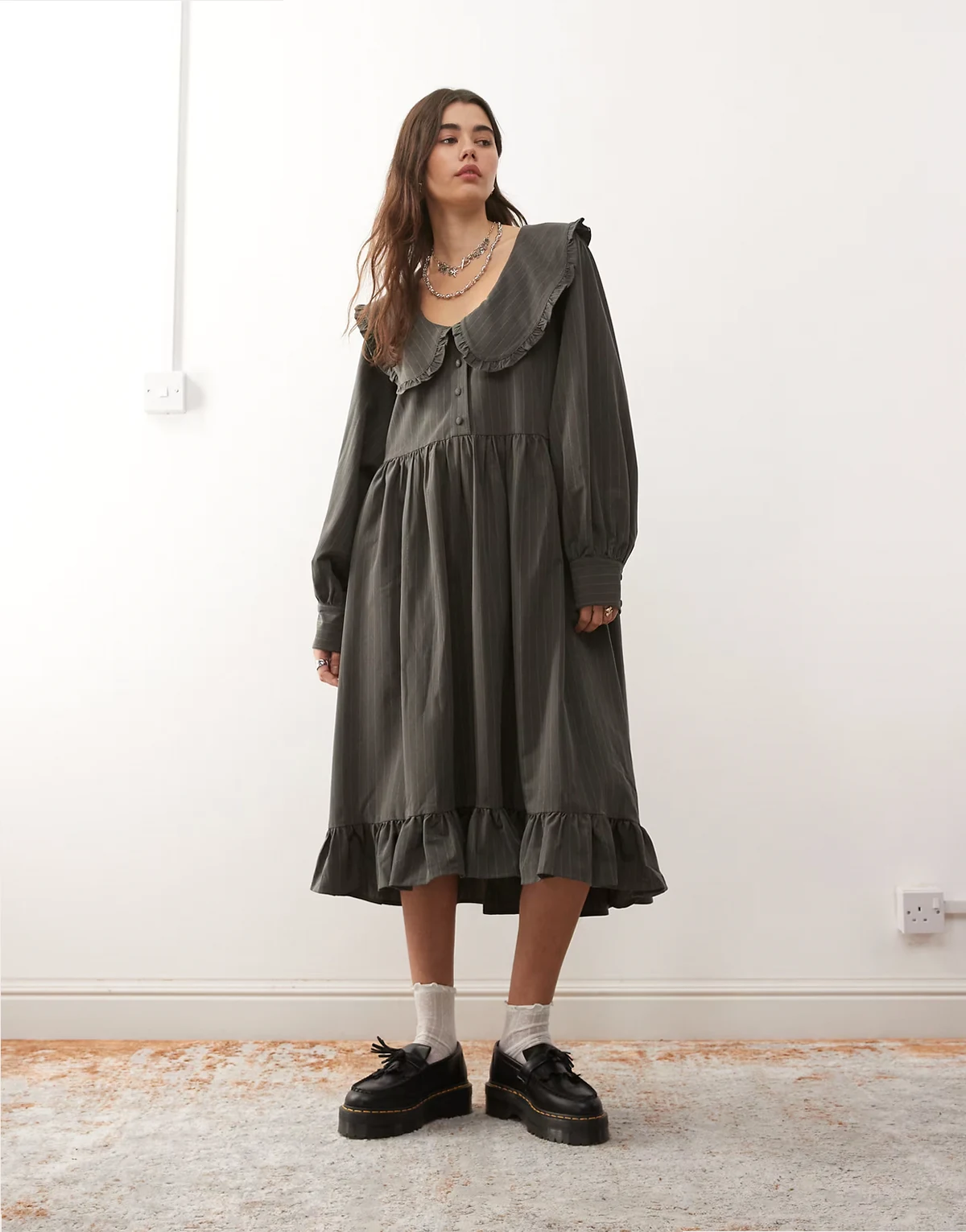 curio mini dress in gray pinstripe