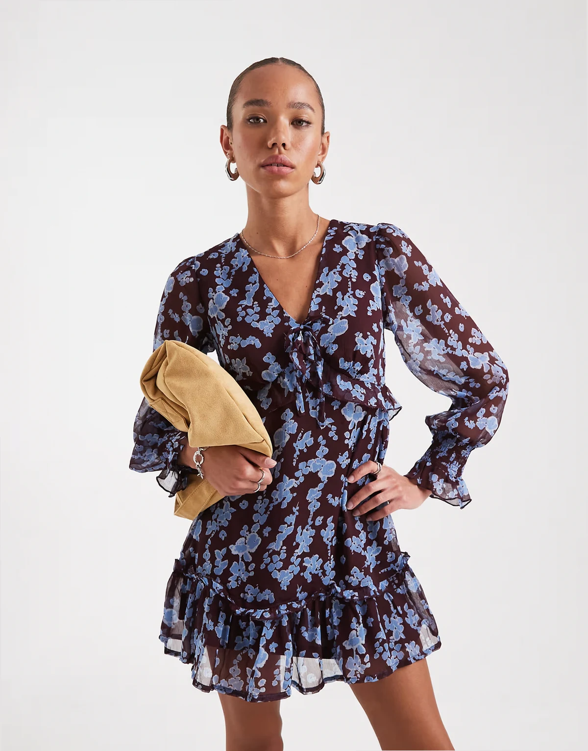 floral print floaty V-neck midi dress in burgundy and blue