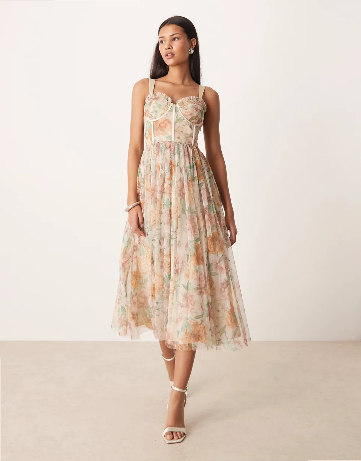 tulle corset midi dress in soft brown floral