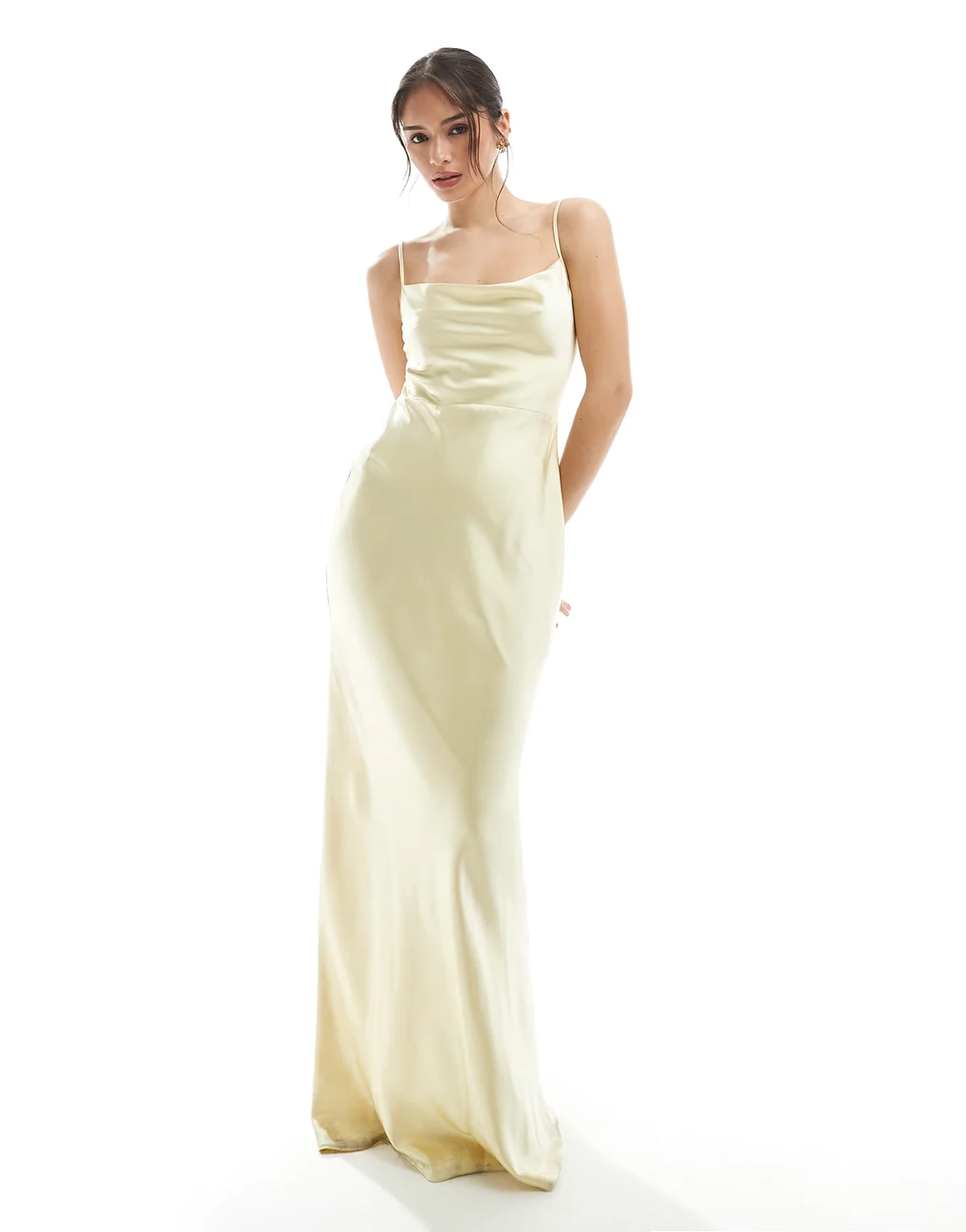 Bridesmaid – Keisha – Cytrynowa satynowa sukienka maxi z drapowanym dekoltem