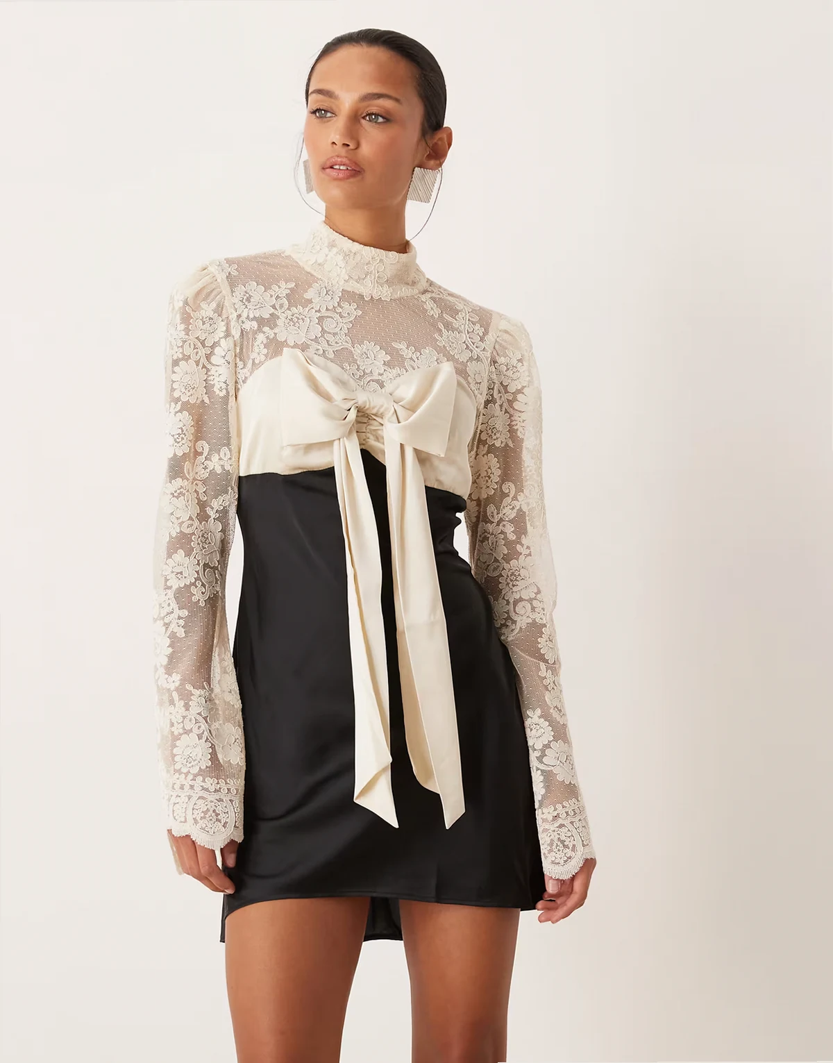 lace and satin mix long sleeve mini dress with bow bust detail in cream