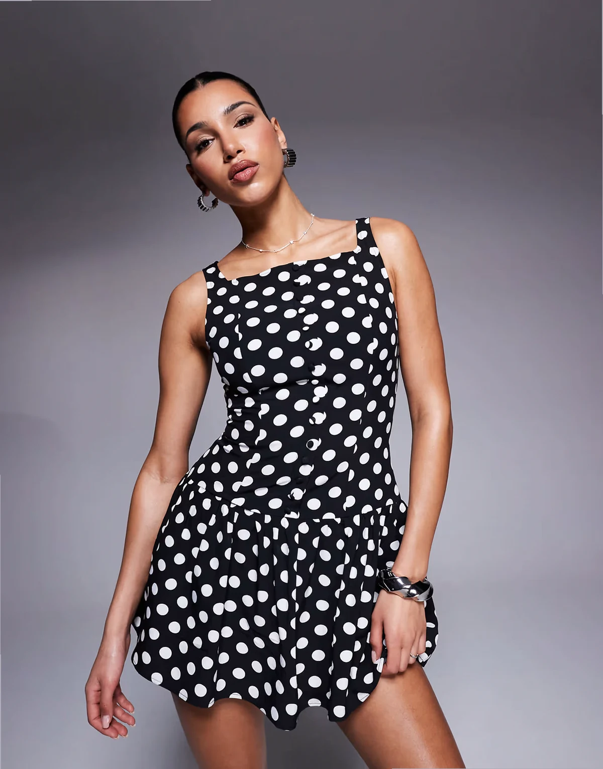exclusive high square neck button front gathered skirt mini dress in mono polka dot