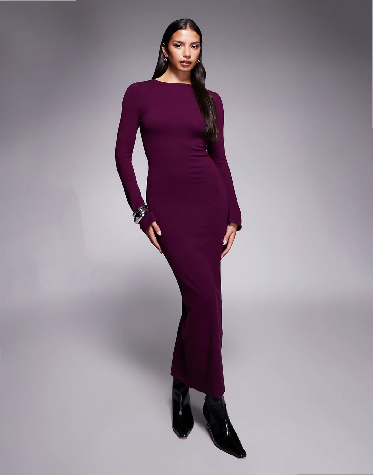 knit flared sleeve bodycon maxi dress in plum
