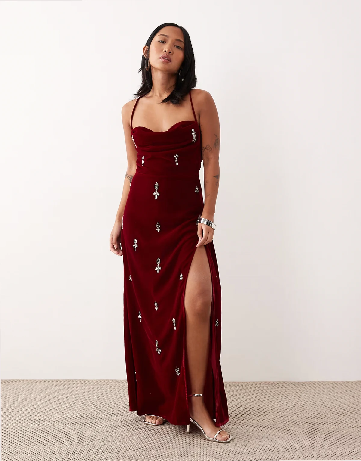 cowl neck embellished velvet maxi dress in burgundy