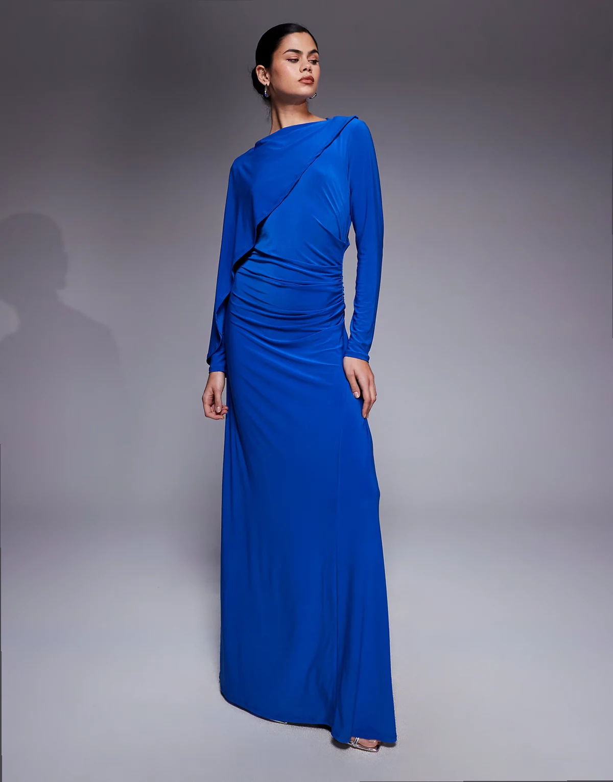 slinky cape detail maxi dress in cobalt blue