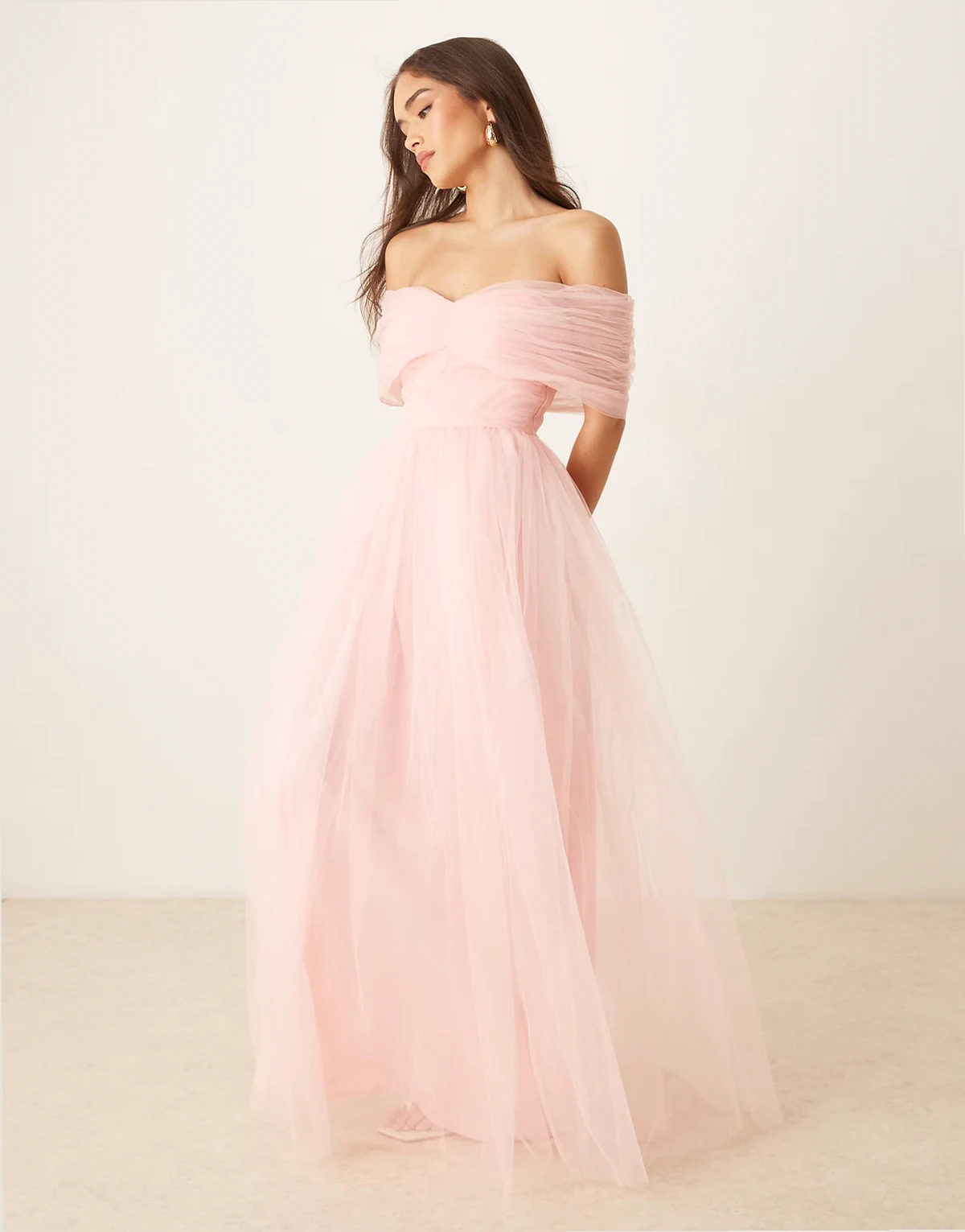 bow off shoulder tulle maxi dress in soft pink