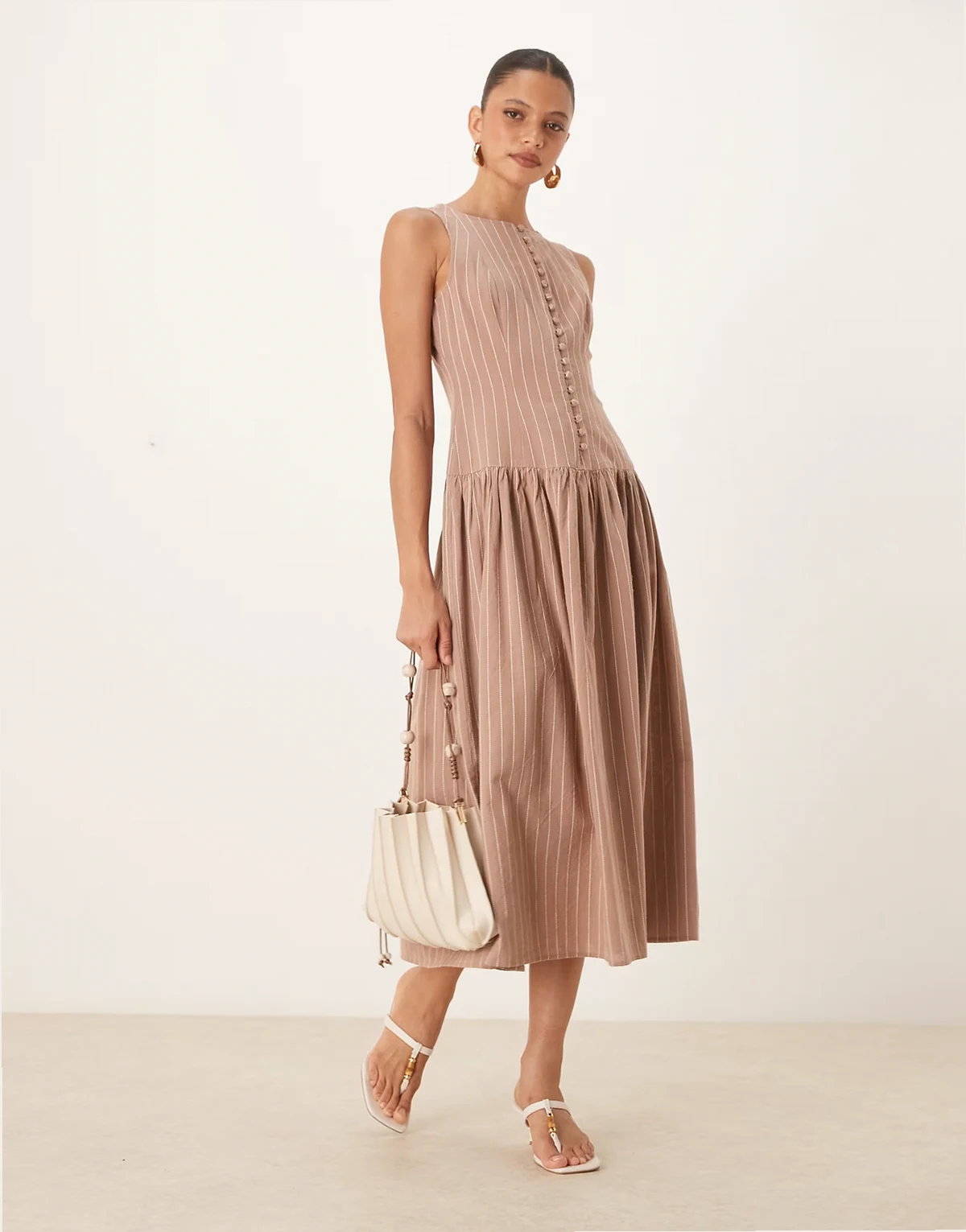 Claudia drop waist midi dress in neutral stripe