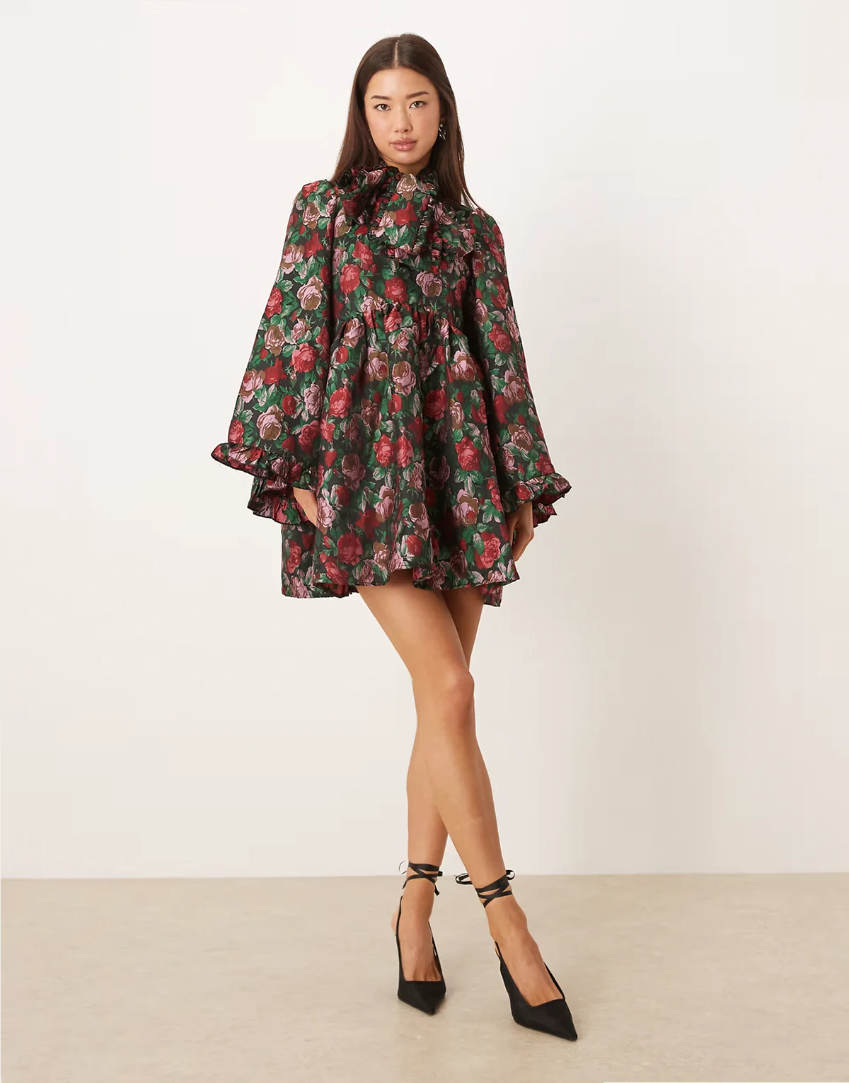 floral jacquard pussy bow flared sleeve mini dress in black