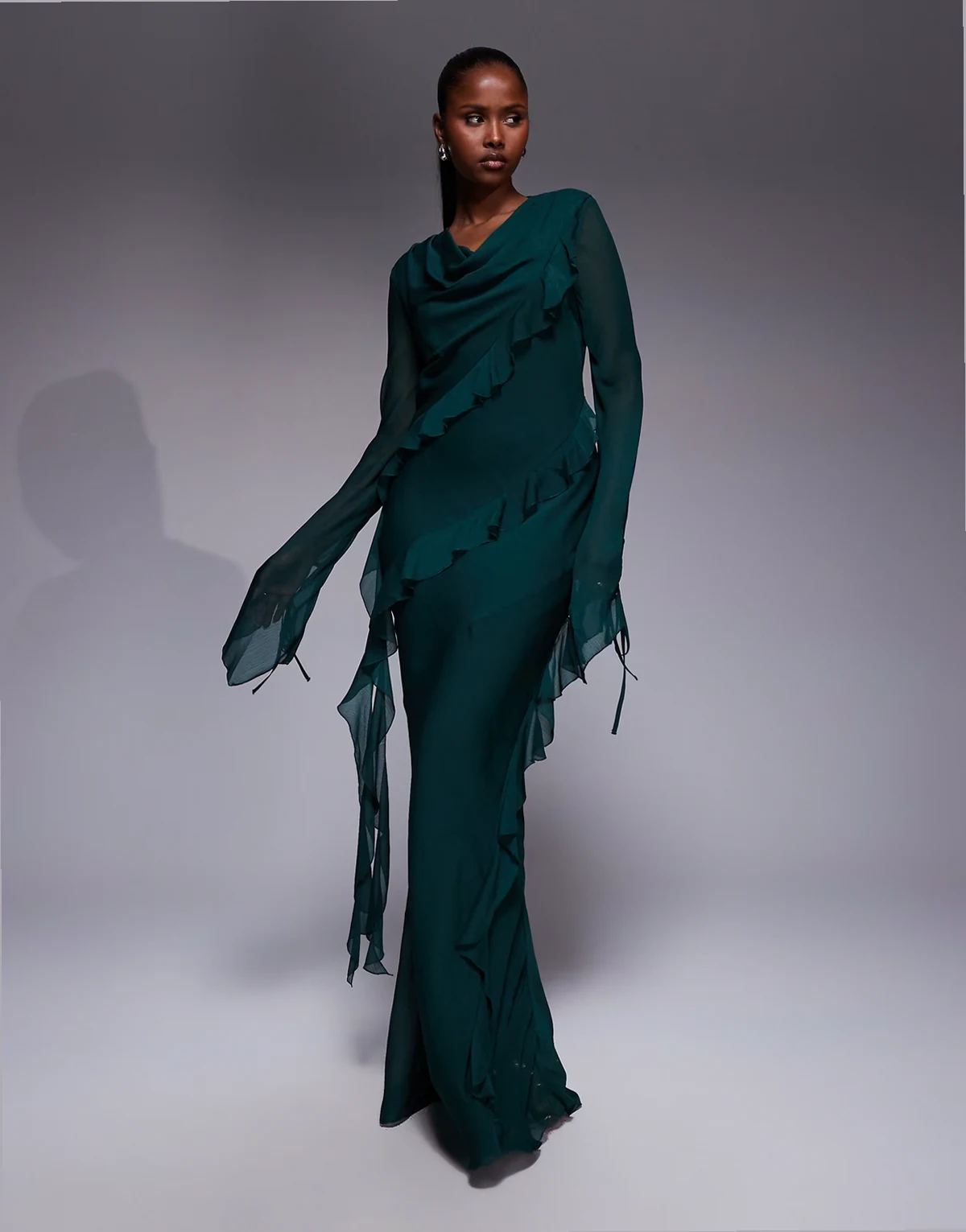 chiffon ruffle maxi dress in emerald green
