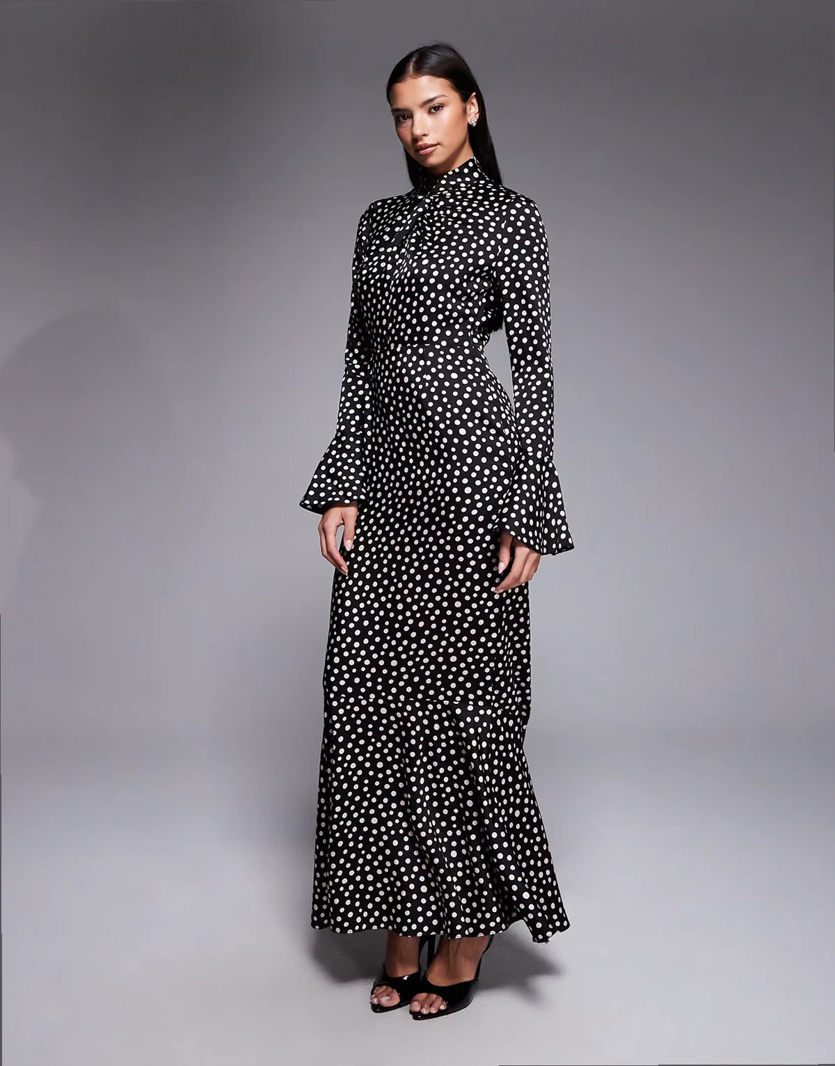 satin knot detail fluted sleeve maxi dress in black polka dot
