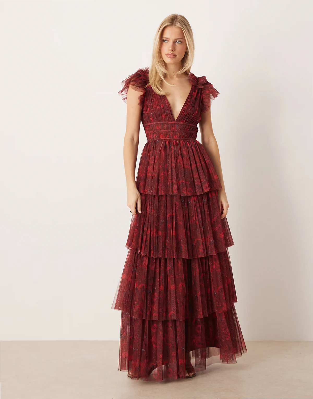 layered ruffles maxi dress in red print