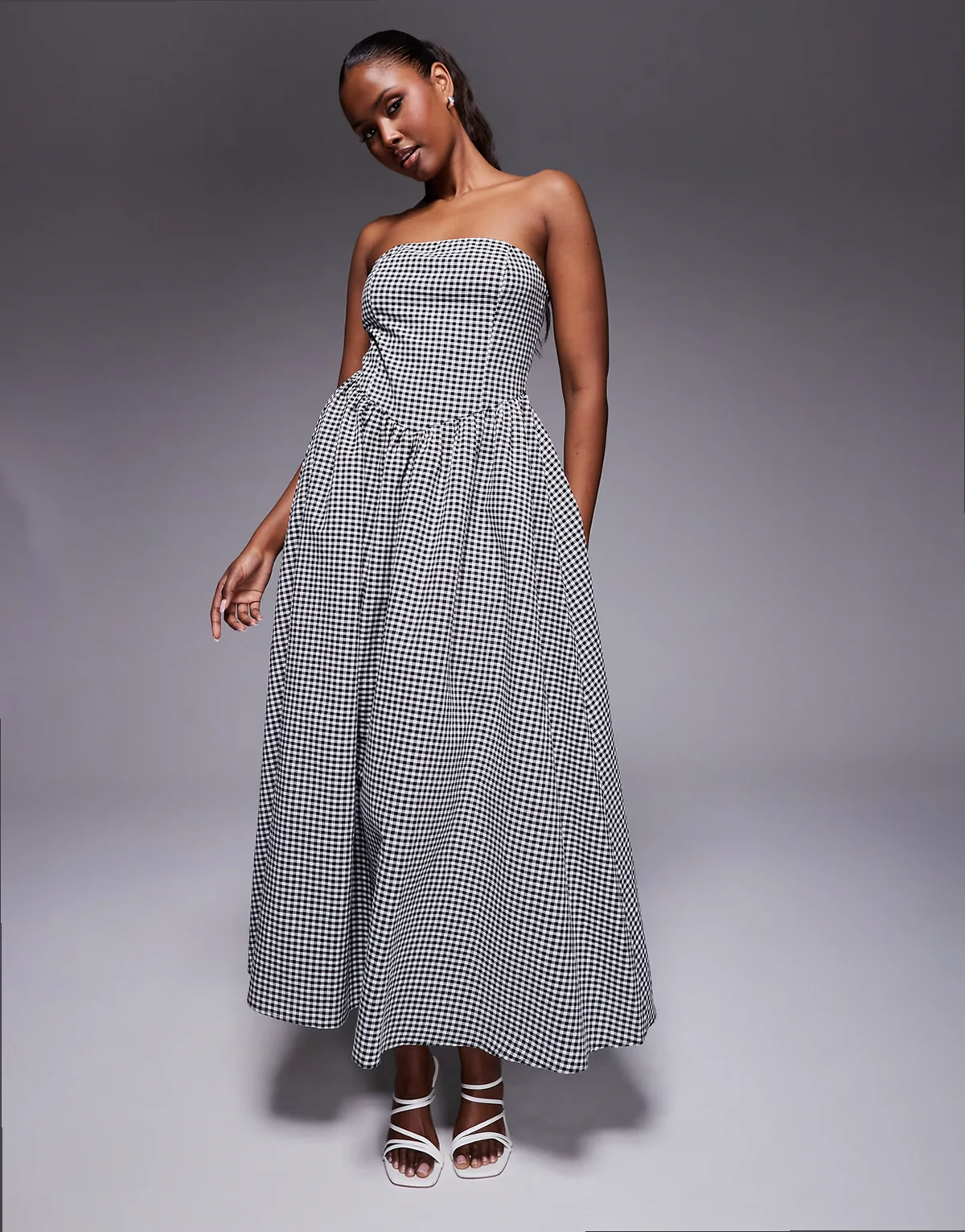 exclusive cotton rich structured bandeau v waist maxi dress in black gingham