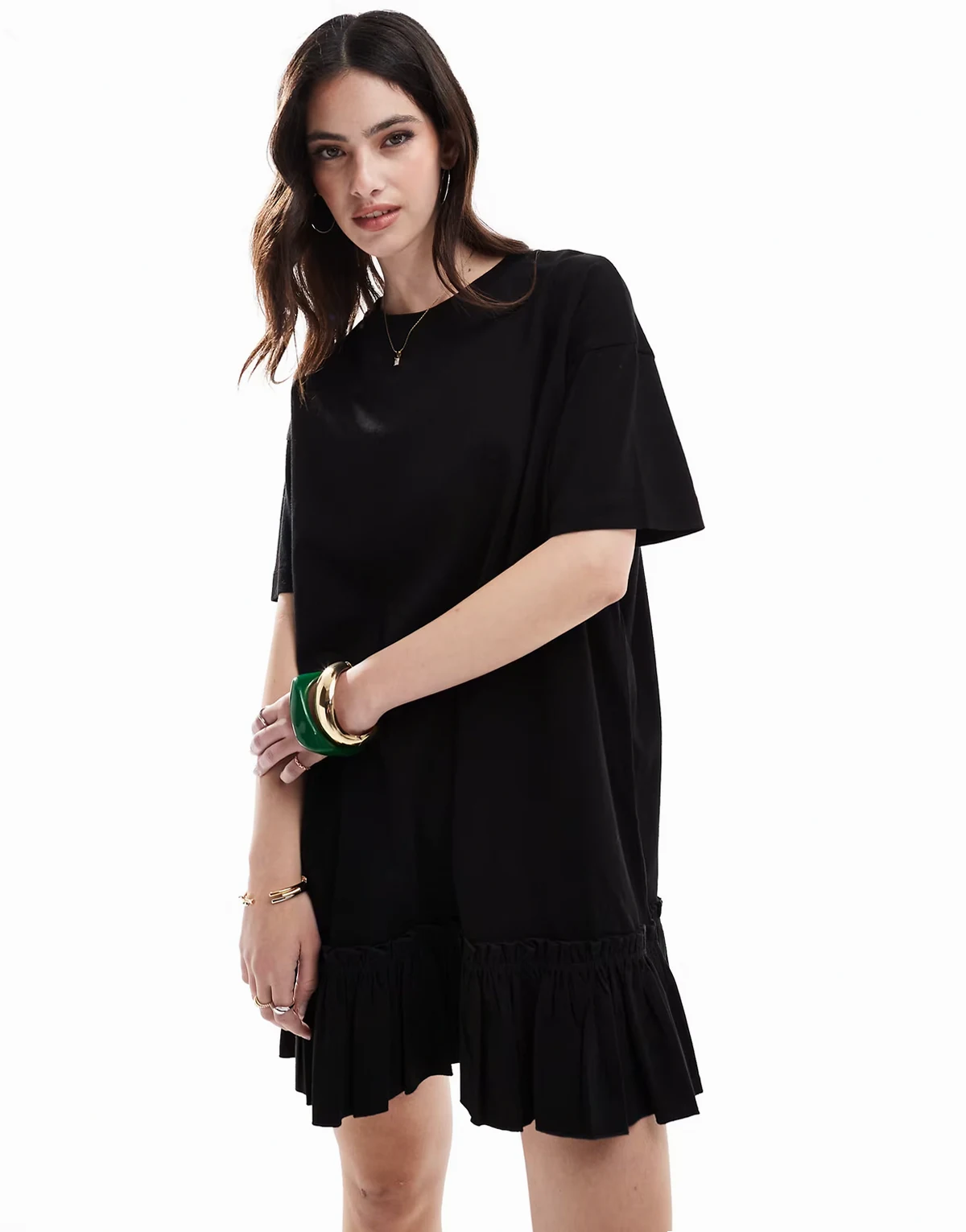– T-Shirt-Kleid aus Popeline in Schwarz mit Rüschendetail