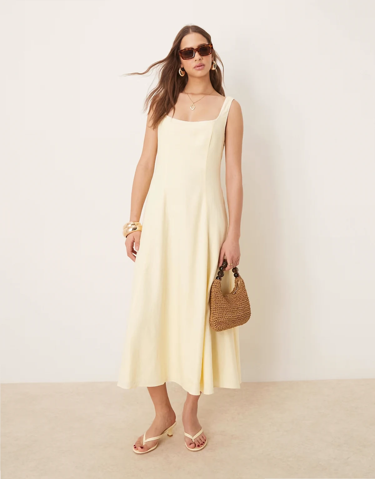 linen blend contrast stitch midaxi dress in lemon