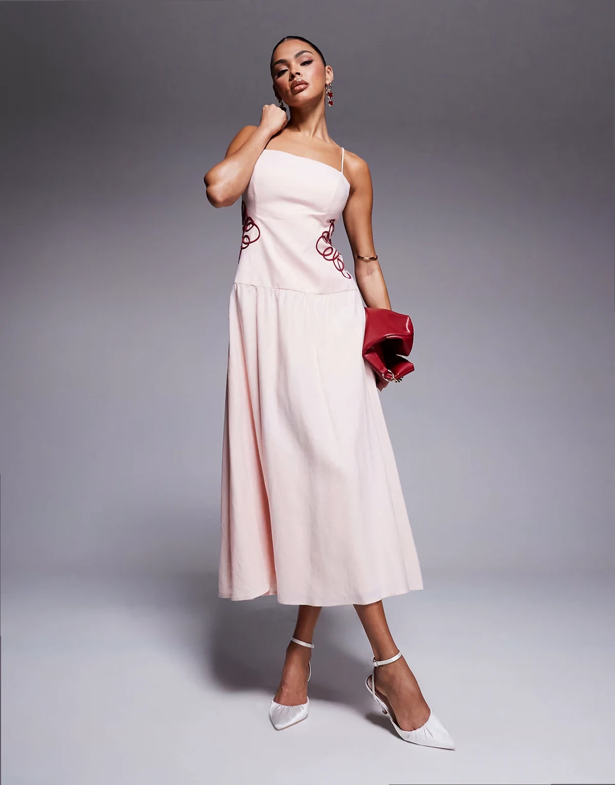 dropped hem embroidered waist maxi dress in powder pink