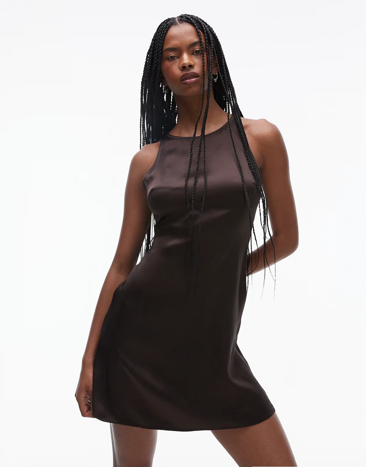 bias cut satin mini dress in brown