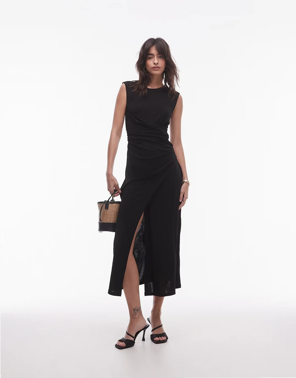 jersey midaxi dress with drape detail and asymmetric wrap front in black